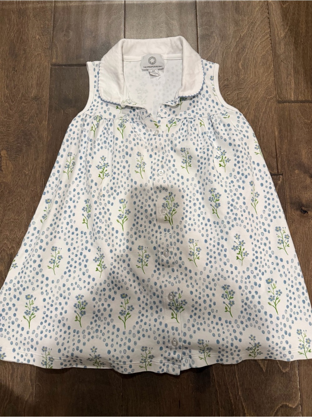 Girls' White Floral Collared Sleeveless Dress with Blue Accents